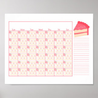 Blank Monthly Calendar Strawberry Cake Thema Poster