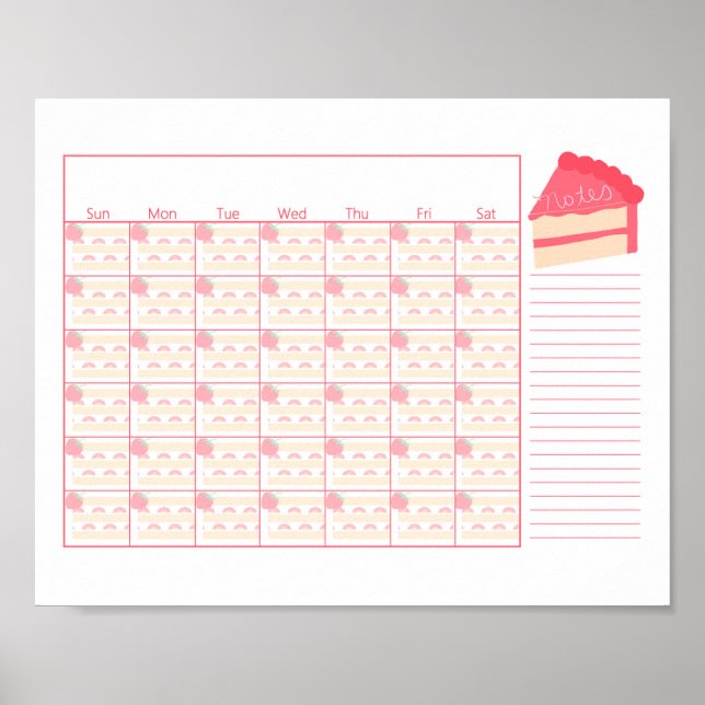 Blank Monthly Calendar Strawberry Cake Thema Poster (Vorne)