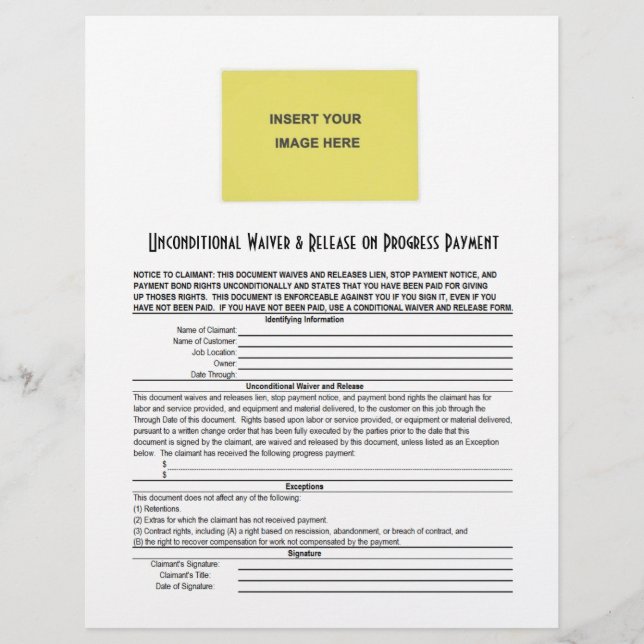 Blank non bedingter Waiver Release Pro Bezahlung (Vorderseite)