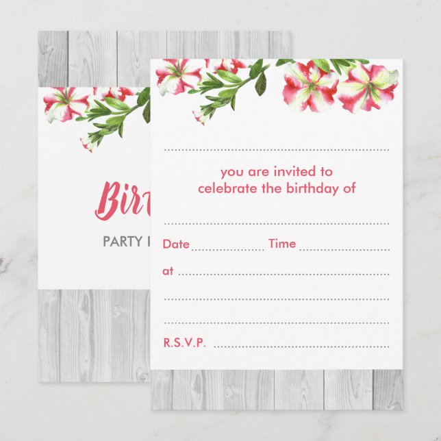 Blank Rustikale Wasserfarbe Trailing Petunias Gebu Einladung (Vorne/Hinten)