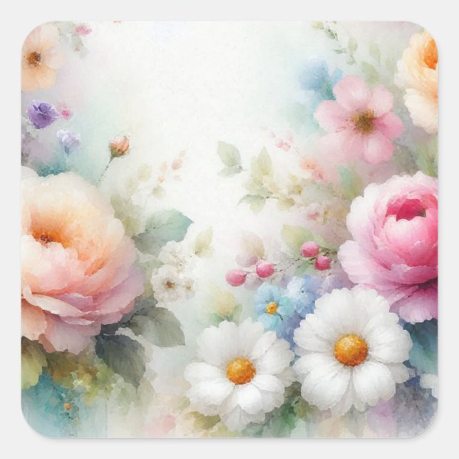 Blank Template Aquarell Flowers Add Your Text Quadratischer Aufkleber (Vorderseite)