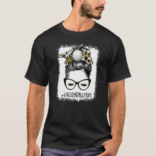 Blank Volleyball Mama Life Leopard Messy Bun Gam T-Shirt
