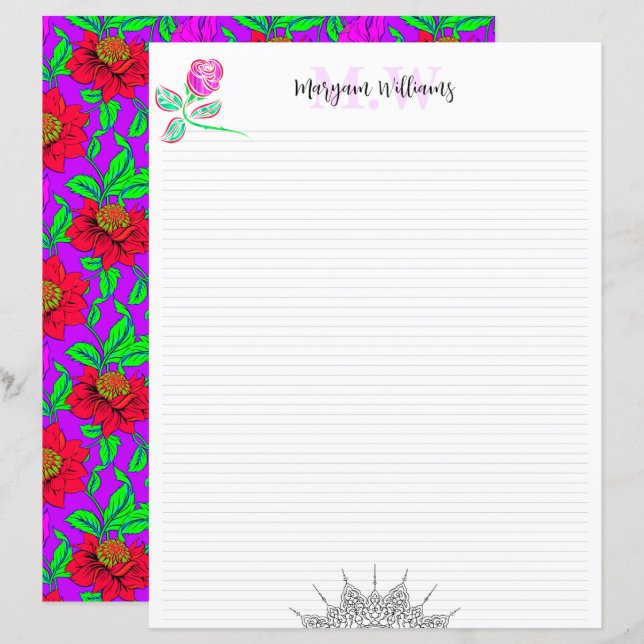 Blanke süße florale Monogramm-Name-Schreibwarenpap (Vorne/Hinten)