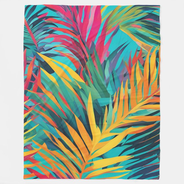 Blanket Aqua Blue Pink Farbenfrohe Palm Blätter Fleecedecke (Vorderseite)