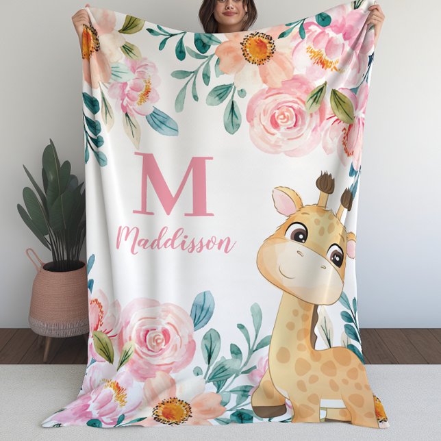 Blanket-Blanket-Girls mit GiraffenMonogramm Fleecedecke (Girls Blanket Floral with Giraffe Monogram (L))