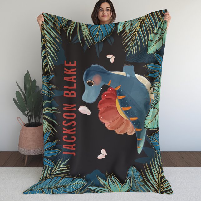 Blanket für Jungen mit Dinosaurier und Golden Foli Fleecedecke (Blanket for Boys with Dinosaur and Golden Foliage)
