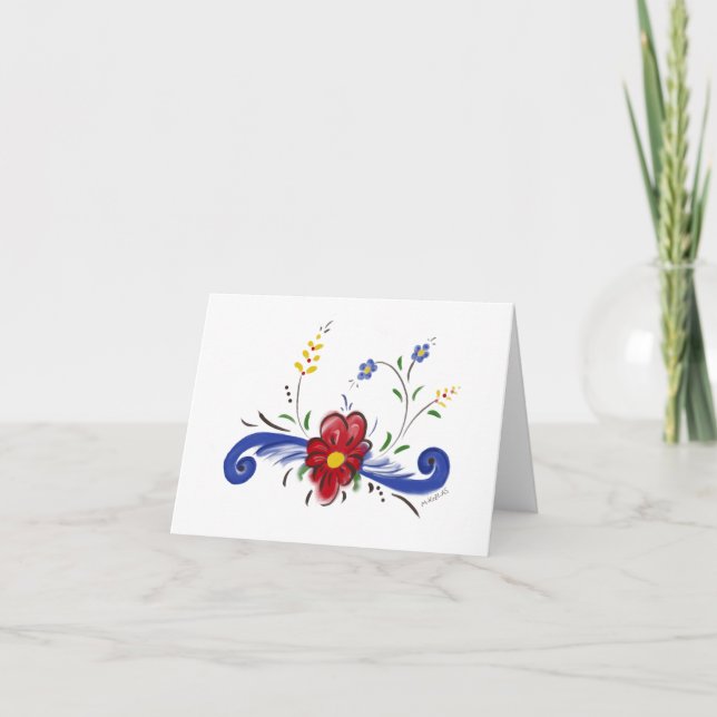 Blanknotecard mit roter Blume und blauen Rollen (Vorderseite)