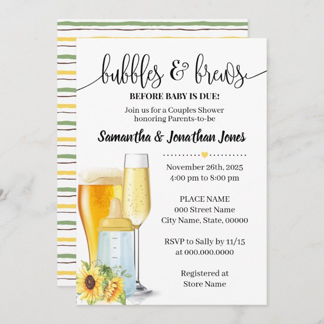 Bläschen & Braun vor Baby wegen gelber Babydusche Einladung (Vorne/Hinten)