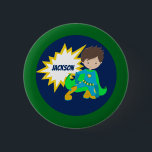 Blase für Coole Superhero-Kid-Aktion Button<br><div class="desc">Ein Junge in einem coolen blauen und grünen Superhelden-Kostüm und Umhang neben einer gelben Aktionsblase personalisiert mit dem Namen Ihres Kindes. Ein lustiger Comic-Stilknopf.</div>