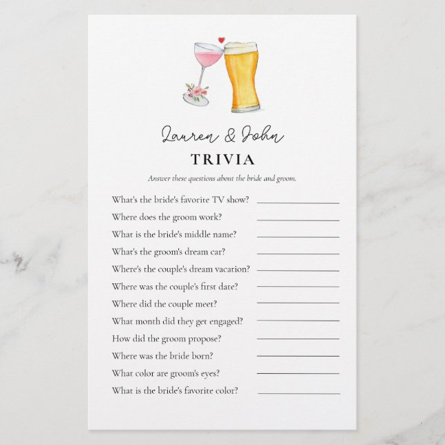 Blasen und Brew Couple's Shower Trivia Spiele (Vorderseite)