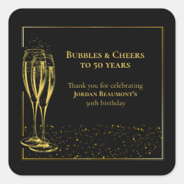 Blasen und Cheers Black Gold 50. Geburtstagsparty Quadratischer Aufkleber