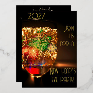 Blasen und Feuerwerk mit Gold - Silvesterparty Folieneinladung