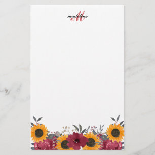 Bläserfarbene Sonnenblumen Burgundy Monogram Hinwe Briefpapier