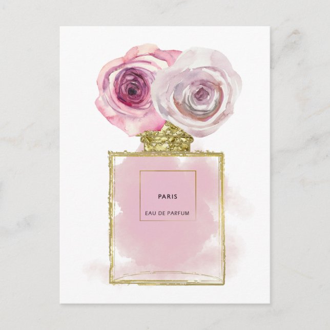 Bläserfashion Parfüm Flasche Rosa Rosen Gold Glam Postkarte (Vorderseite)