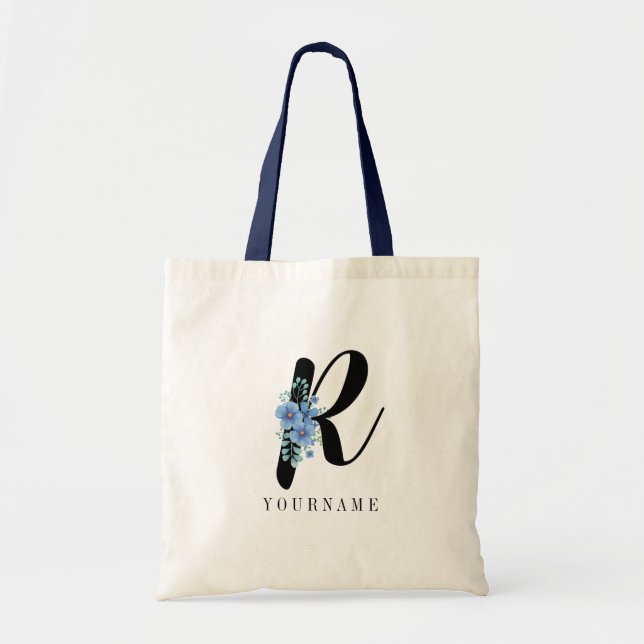 Bläsermonogramm R Blauer Blume Burst Tragetasche (Vorne)