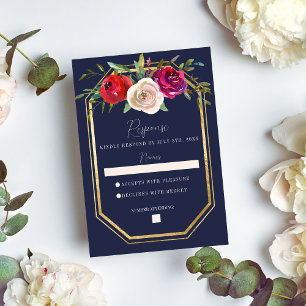 Bläsernavy Blauer Burgundy Gold Wedding RSVP Karte