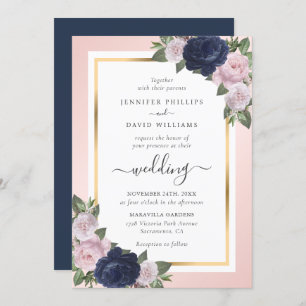 Bläsernavy Blush Gold Calligraphy Wedding Einladung