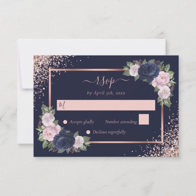 Bläsernavy Blush Pink Rose Gold Hochzeit RSVP Karte (Vorderseite)