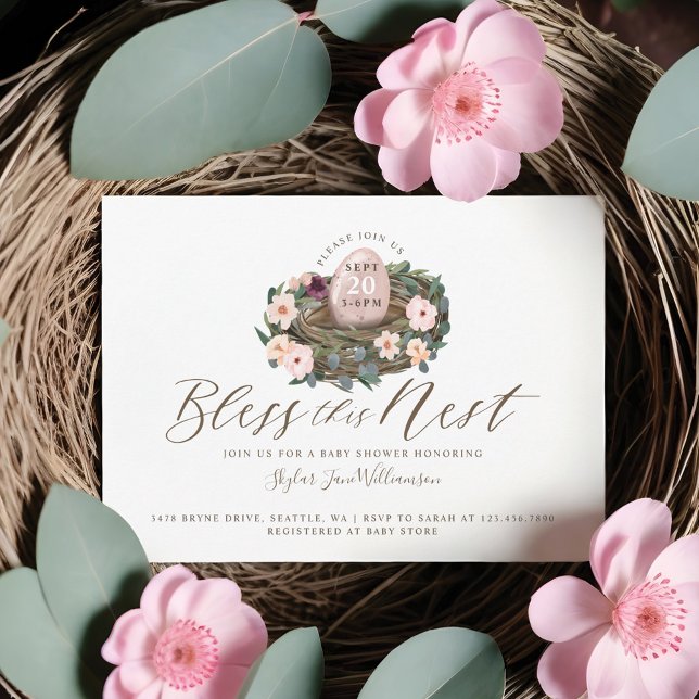 Bläsernchen Girl Bird Nest Babydusche Einladung (Watercolor Floral Baby Girl Bird Nest Baby Shower Invitation)