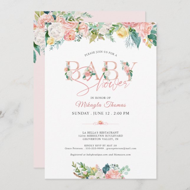 Bläserndusche Rose Gold Pink Blush Typografie Einladung (Vorne/Hinten)