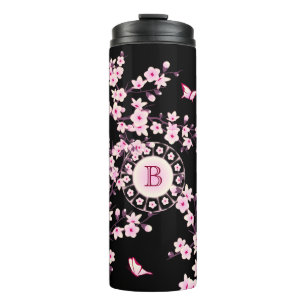 Bläserne Blüten Monogramm Schwarz Rosa Thermosbecher