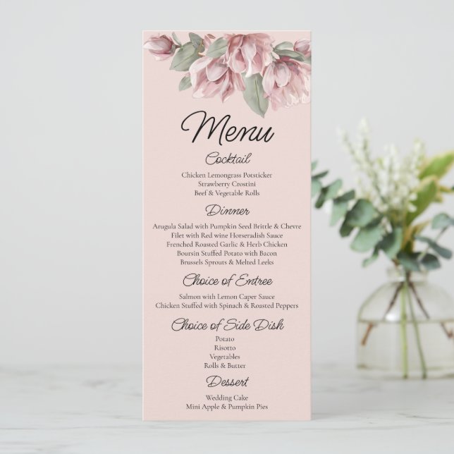 Bläserne, dusty Rose Blush Wedding Menükarte (Stehend Vorderseite)