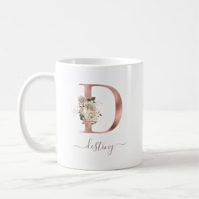 Bläserne Elfenbein-Rose Gold Monogram Letter "D" Kaffeetasse (Links)