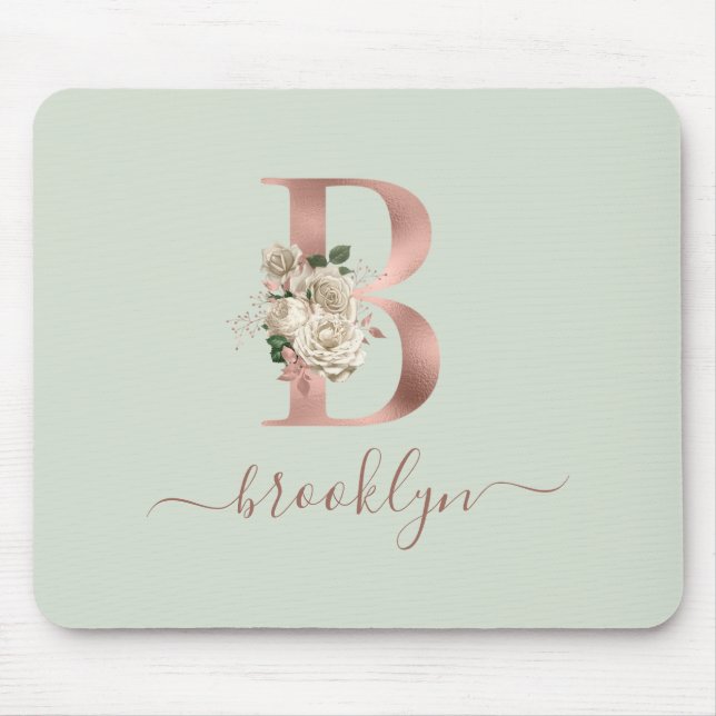 Bläserne Rose Gold Monogram Letter "B" Sage Green Mousepad (Vorne)