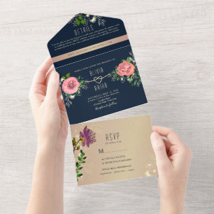 Bläserne Rose Gold Navy Blue Foto Hochzeit All In One Einladung