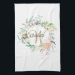 Bläserne Rose Gold Script Monogram Geschirrtuch<br><div class="desc">Hübsches anfängliches monogramm Küchentuch mit einem schönen Skriptnamen und einem vergoldeten Initial,  der durch eine zarte Aquarellgarland mit blühender Rose gerahmt ist. Personalisieren Sie sich,  um ein besonderes Geschenk zu erhalten! Entwickelt von Thisisnotme©</div>