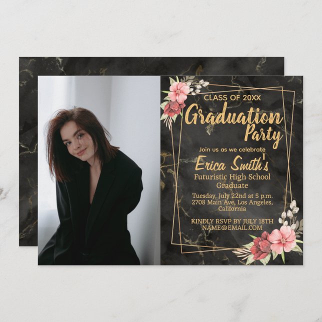 Bläserne Schwarz-Gold-Foto-Graduierungsparty Einladung (Vorne/Hinten)