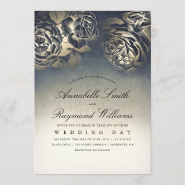 Bläserne Vintage Hochzeit in Blau und Gold Einladung