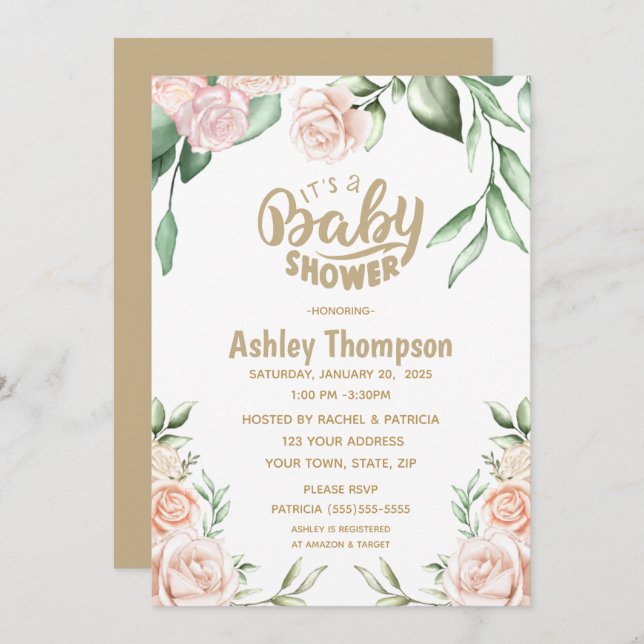 Bläserne Wasserfarbe Rosa Babydusche Einladung (Vorne/Hinten)