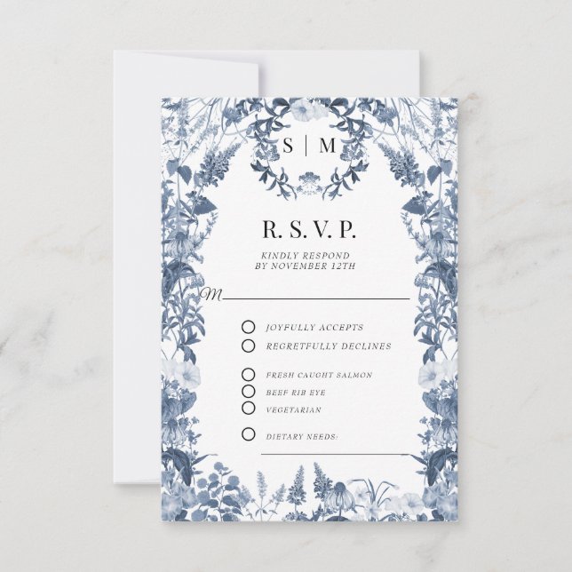Bläserne Wildblume Blau und Weiß QR Hochzeit RSVP Karte (Vorderseite)