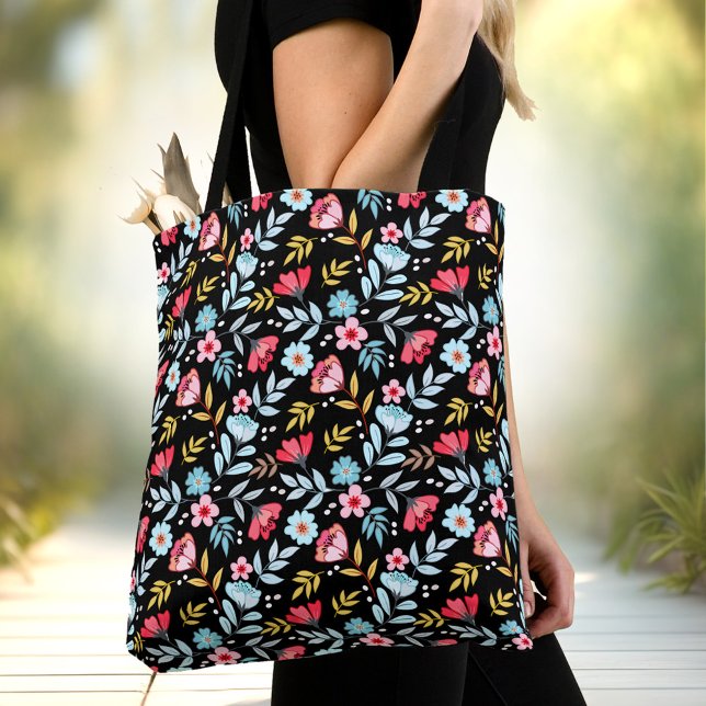 Bläserner Schwarzer Sommer (Floral Feminine Black Colorful Summer Tote Bag)
