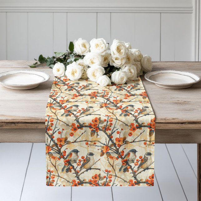 Bläserner Tischläufer mit gemütlicher Herbsternte  (Floral Birds Table Runner Cozy Fall Dining Accent)