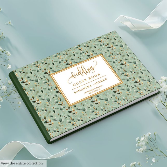 Bläserner Weißer Eukalyptus Blätter Hochzeit Gästebuch (Fairytale Sage Green And Gold Wedding Guest Book)