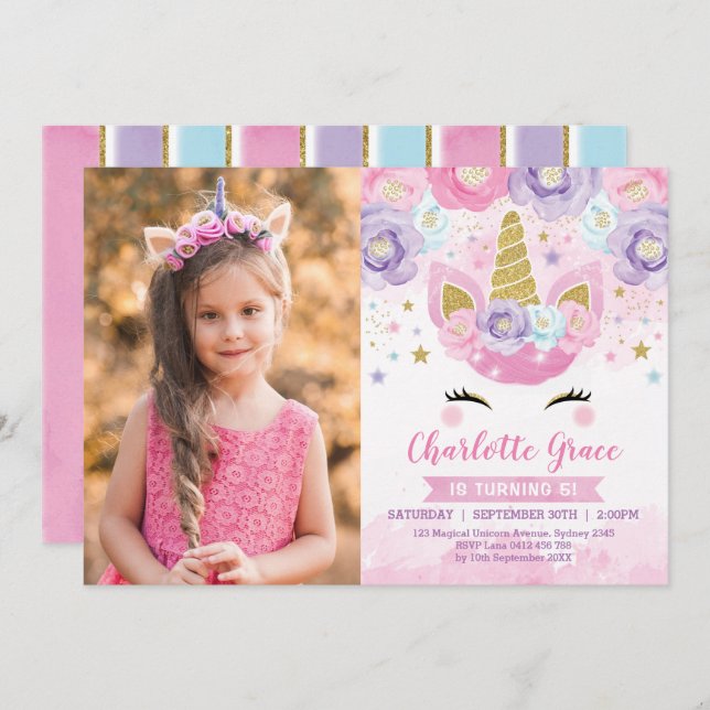 Bläsernicorn Pink Lila Blauer Regenbogen Geburtsta Einladung (Vorne/Hinten)