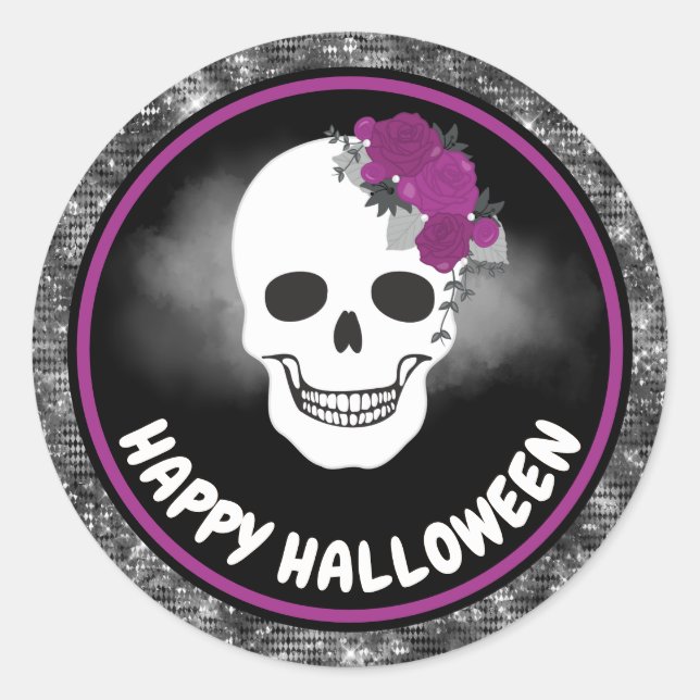 Bläserskull und Schwarzer Glitzer Halloween Runder Aufkleber (Vorderseite)