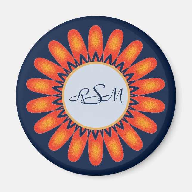 Bläservibrierende Orange Blume Navy Blue Monogram Magnet (Vorne)