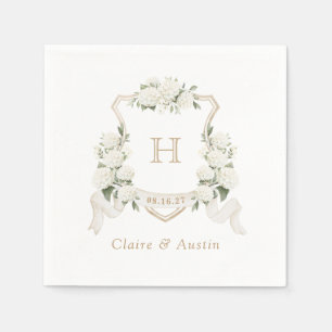 Bläserweiße Hydrangea-Wappen-Hochzeitsmonogramm Serviette