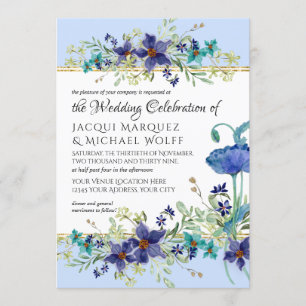 Blass Blau n Gold Wasserfarben Mohn Blumenzwiebeln Einladung