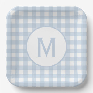 Blass Blaues Gingham-Muster mit Monogramm Pappteller