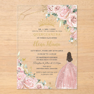 Blass hellrosa blumige Rosen Quinceanera Sweet 16 Acryleinladungen