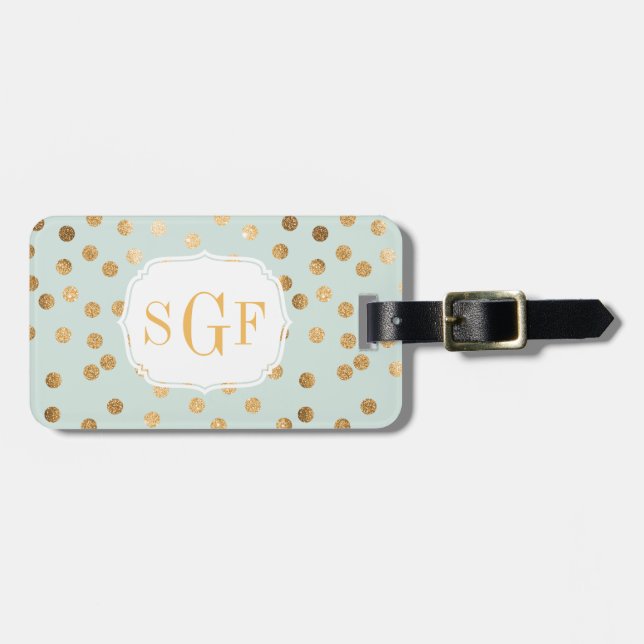 Blass Minze Blue und Gold Glitzer City Dots Monogr Gepäckanhänger (Vorderseite horizontal)