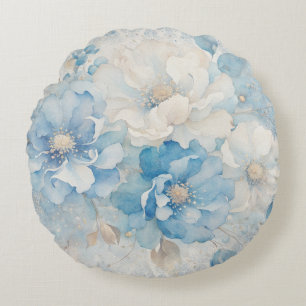 Blassblau und weiß floral rundes kissen