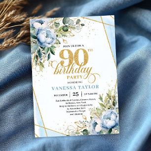 Blassblaue goldene Blumengemisch-Fancy-90.-Geburts Einladung
