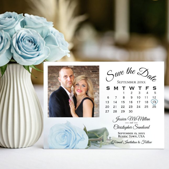 Blassblaue Rose Hochzeitskalender und Foto Save The Date (Von Creator hochgeladen)