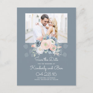 Blassblaue und dusty Rose Save the Date floral Ankündigungspostkarte