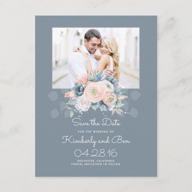 Blassblaue und dusty Rose Save the Date floral Ankündigungspostkarte (Vorderseite)